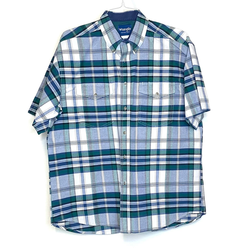Camisa informal para hombre Wrangler XLT azul verde a cuadros manga corta abotonada