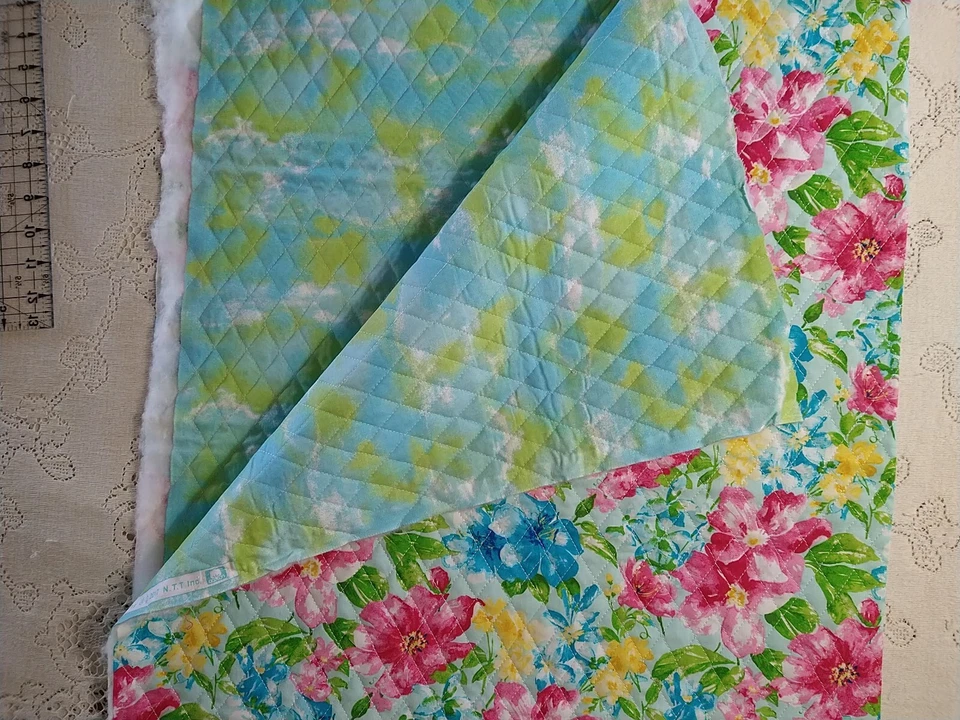 REMNANT Watercolor Floral Pre-quilted Double Sided fabric 20x17 Pink Blue Yellow - Image 3 of 3