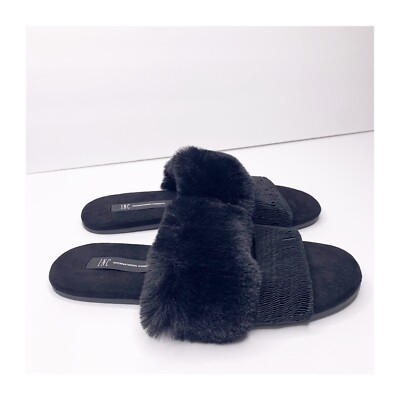 NEW INC Small 5-6 Black Double Band Faux Fur Slides Cozy Chic House Slippers