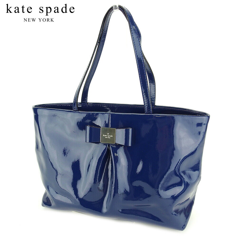 Kate Spade Tote Bag Back One Shoulder Ribbon Motif Blue Enamel Leather