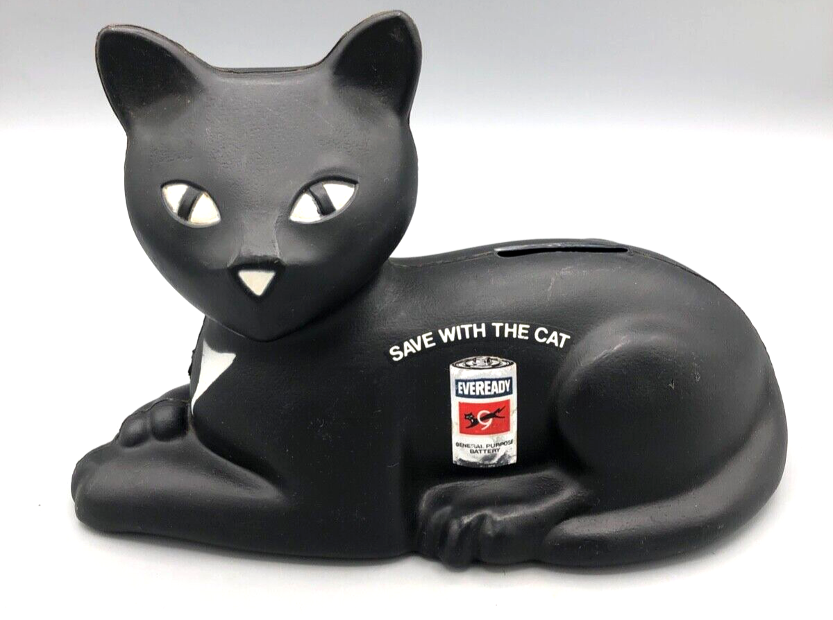 Vtg Eveready Battery Black Save With The Cat Plastic Coin Bank