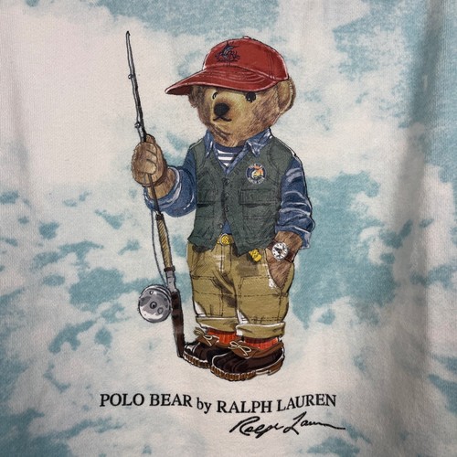 RALPH LAUREN Youth Polo Bear Tie-Dye Print Fleece Hoodie Size Large Teal White - Picture 4 of 13