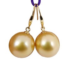 12.7mm Genuine Golden South Sea Pearl Earrings, Solid 14K Yellow Gold #E2482