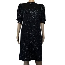 Joie Womens Sequin Puff Sleeve Back Zip Sz Large Black Cocktail Evening Dress