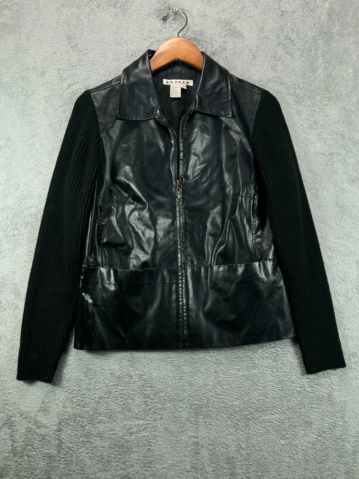 Chaqueta de motociclista de cuero AMI para mujer mediana negra guijarro 100 % cuero Foto 4 de 4