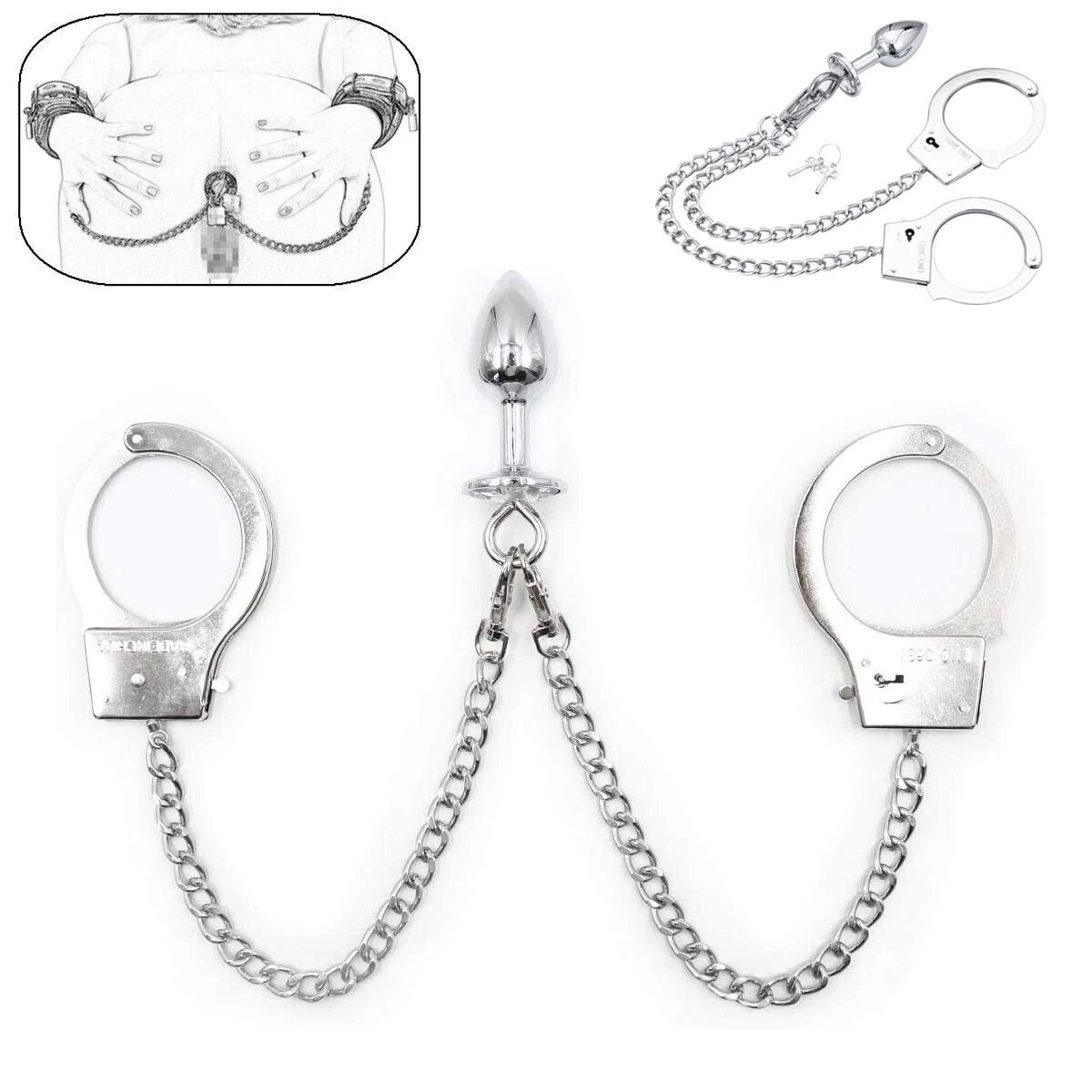Anal Butt Plug with Long Chain Handcuffs SM Metal Restraint Cuff Fetish Sex  Toys | eBay