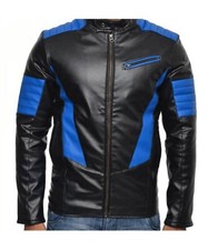 Men's Real Leather Blue and Black Design Biker Jacket- Halloween sale