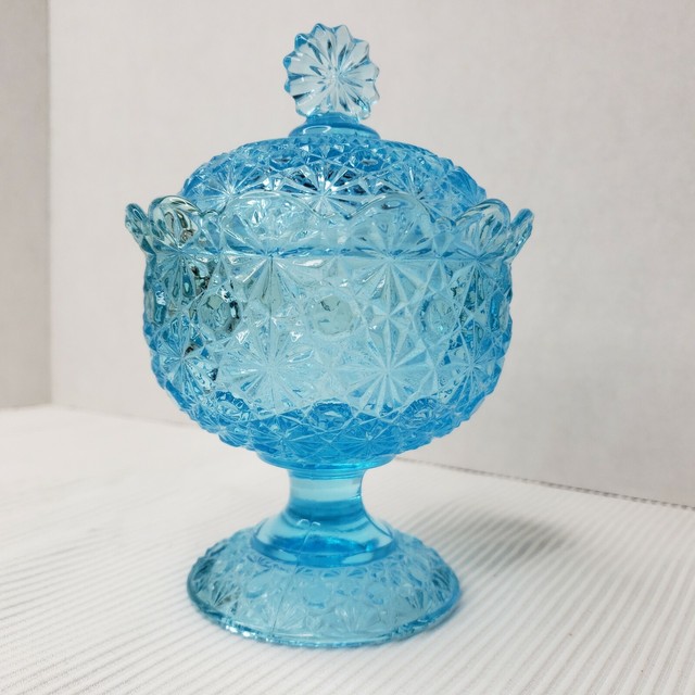 LG Wright / Fenton Blue Daisy And Button Candy Dish with Lid Vintage eBay
