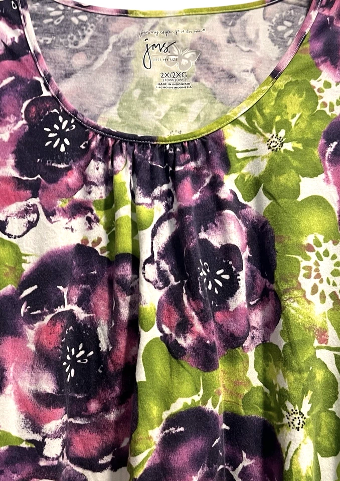 Top Just My Size talla grande 2X púrpura verde floral manga corta dobladillo elástico Foto 3 de 4