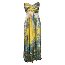 Y2K Aidan Mattox Strapless Silk Babydoll Maxi Dress Yellow Blue Gold Paisley 4