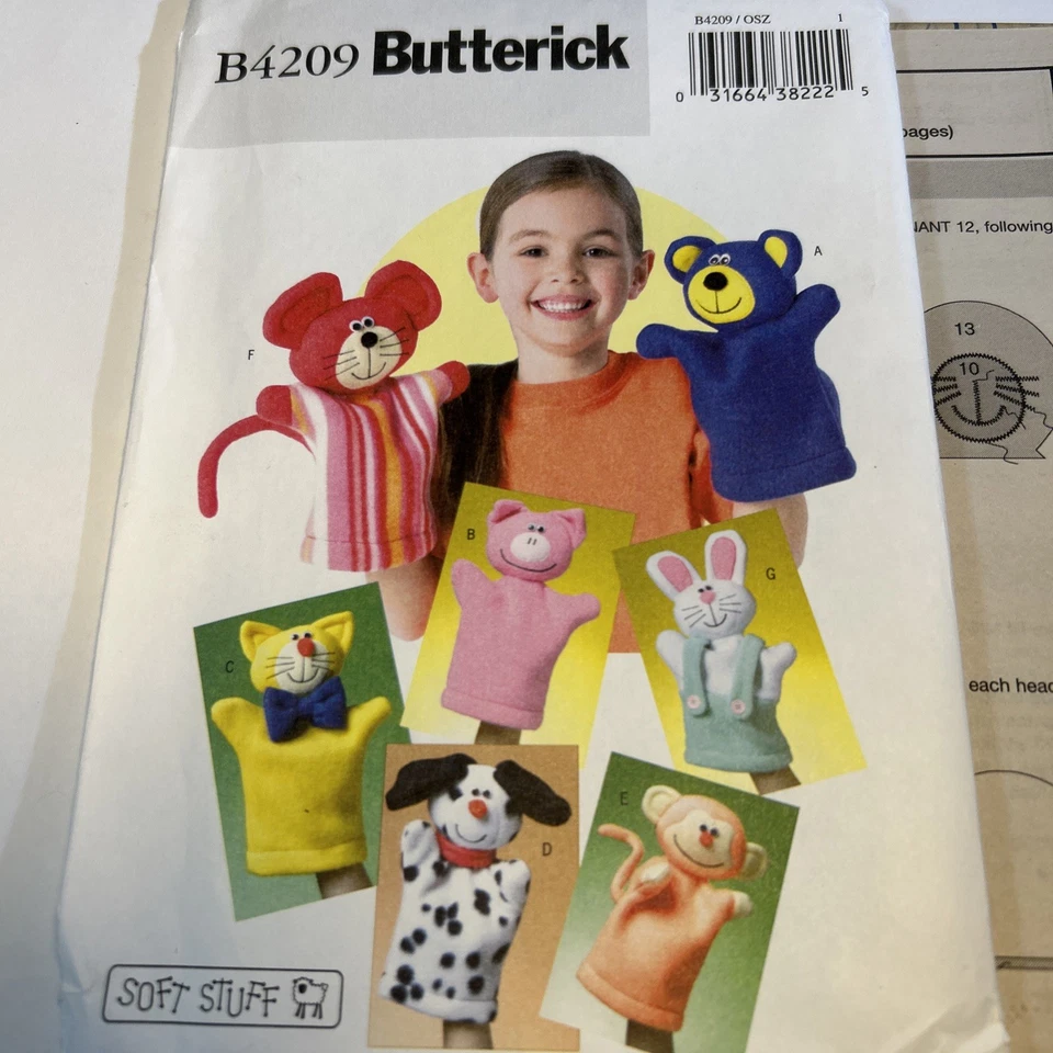 Butterick Sewing Pattern 4209 Animal Hand Puppets Bear Pig Cat Dog Monkey UNCUT - Image 2 of 4