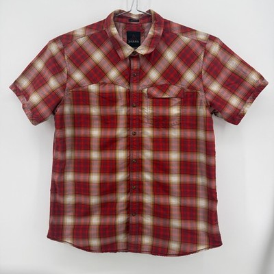 prAna Button Up Shirt Mens XL Red Plaid Recycled Polyester Slim Fit Western Snap