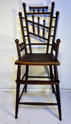 Rare Victorian Ball & Stick Bobbin Spool Turned High Chair Perforated Star Seat