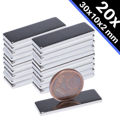 20 x Neodym Magnet Quader 30x10x2 N45 super stark Platte Power Block 5,2 kg