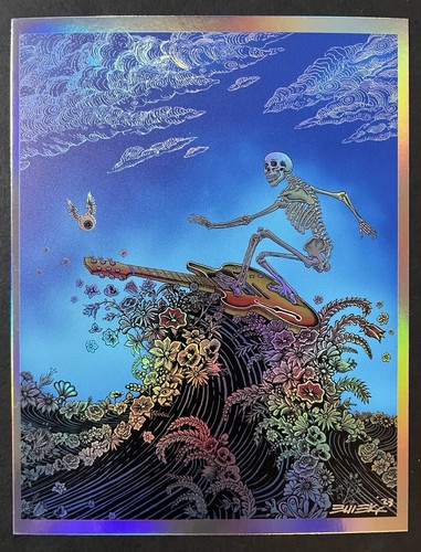 EMEK Blue FOIL Surfing Skeleton surfista impresión artística póster folleto TRPS sperry - Imagen 1 de 1