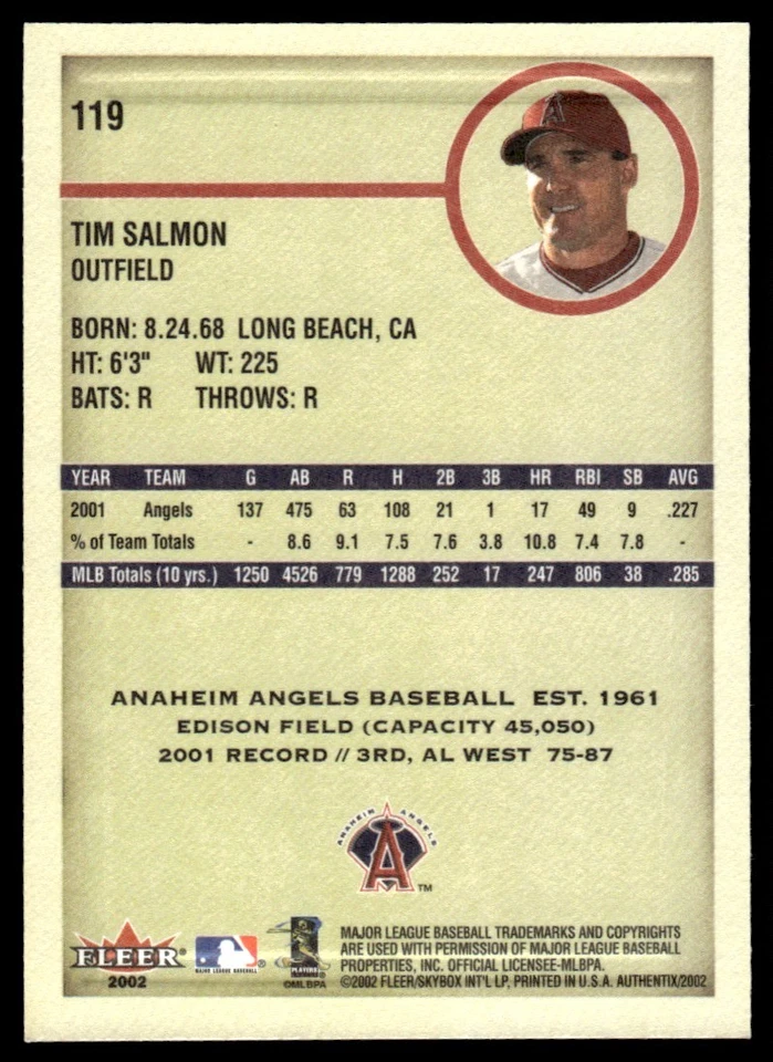 2002 Fleer Authentix Tim Salmon Anaheim Angels #119 - Image 2 of 2
