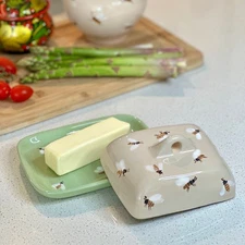 BEES Butter Dish Stoneware Butter Keeper Vintage Lidded Dish 7.1x5.5"