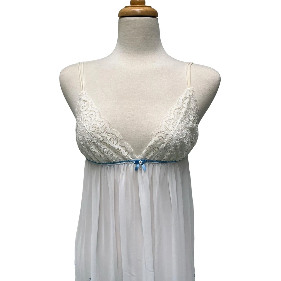 In Bloom by Jonquil Nightgown Chemise Sz M Sheer Blue Floral Boudoir Coquette - Image 2 of 4