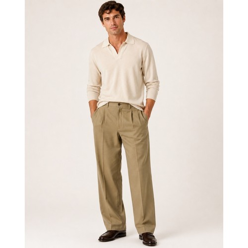 Tommy Bahama Mens 35x32 Silk Bamboo Pleated Trousers Khaki Tan Straight Leg