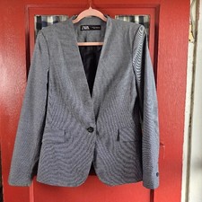 Zara Women's Gray Black Button Front Long Sleeve Blazer Pockets Size 6