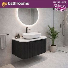 750mm Wall Hung Black Bathroom Vanity Unit White Worktop White Fluted Sink
