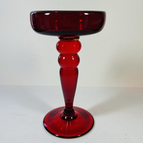 Vintage Ruby Red Pedestal Art Glass Pillar Candle Holder - Picture 1 of 11