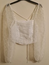 TOP SHOP 100% Polyester White Sheer Puff Sleeve Polka Dot Blouse Size UK10 EUR38