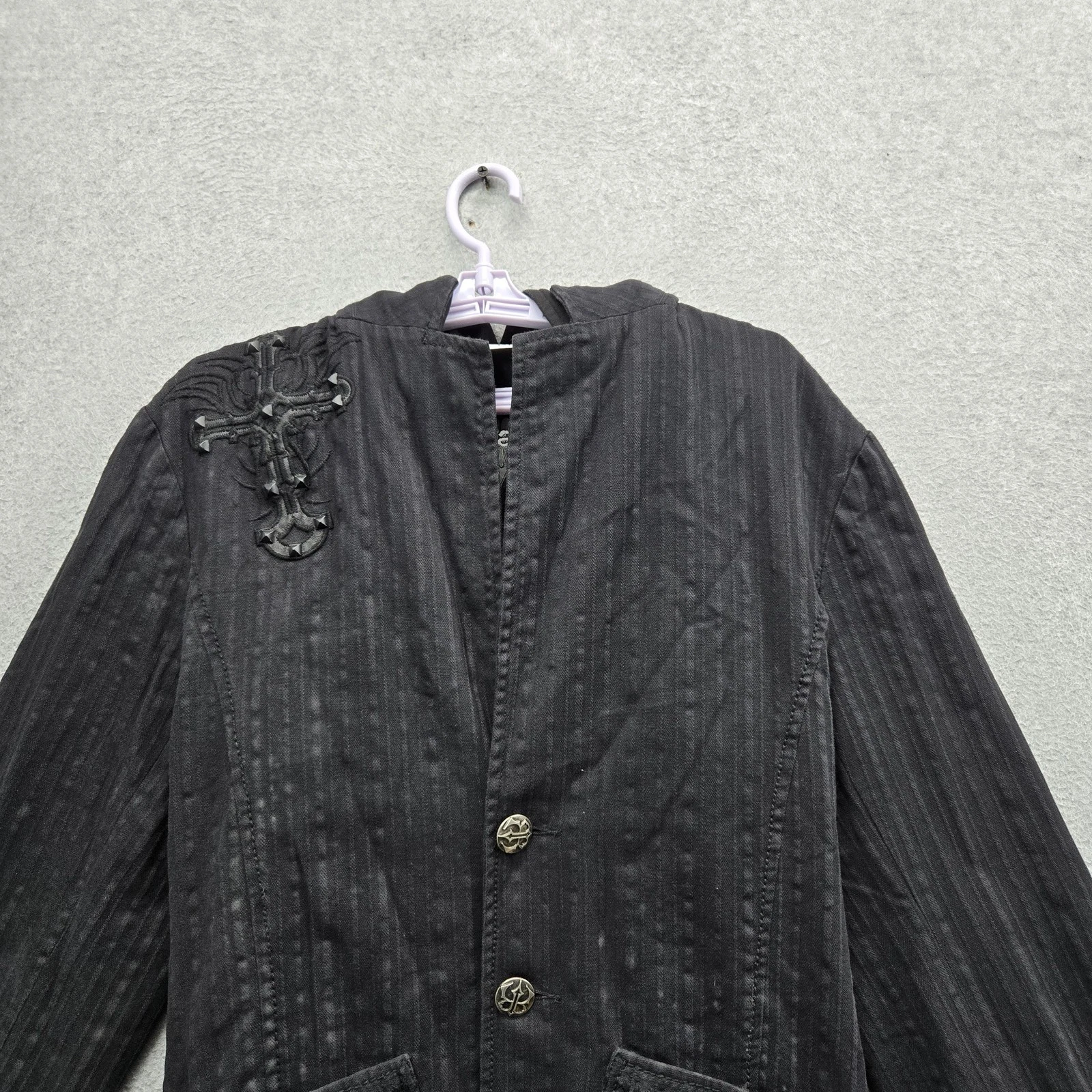 Roar Men Jacket S Black Embroidered Cross Devote Hooded Blazer Y2K Grunge image 5