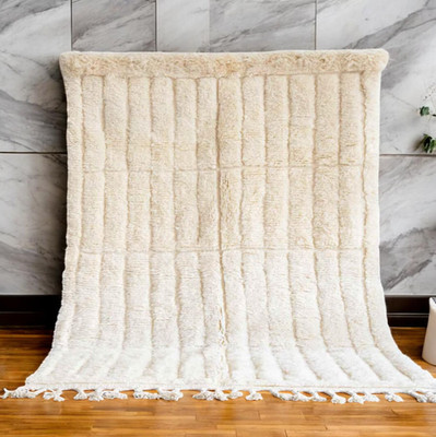 Handmade Berber Wool Carpet with Minimalist Striped Design, Handwoven Geometric
