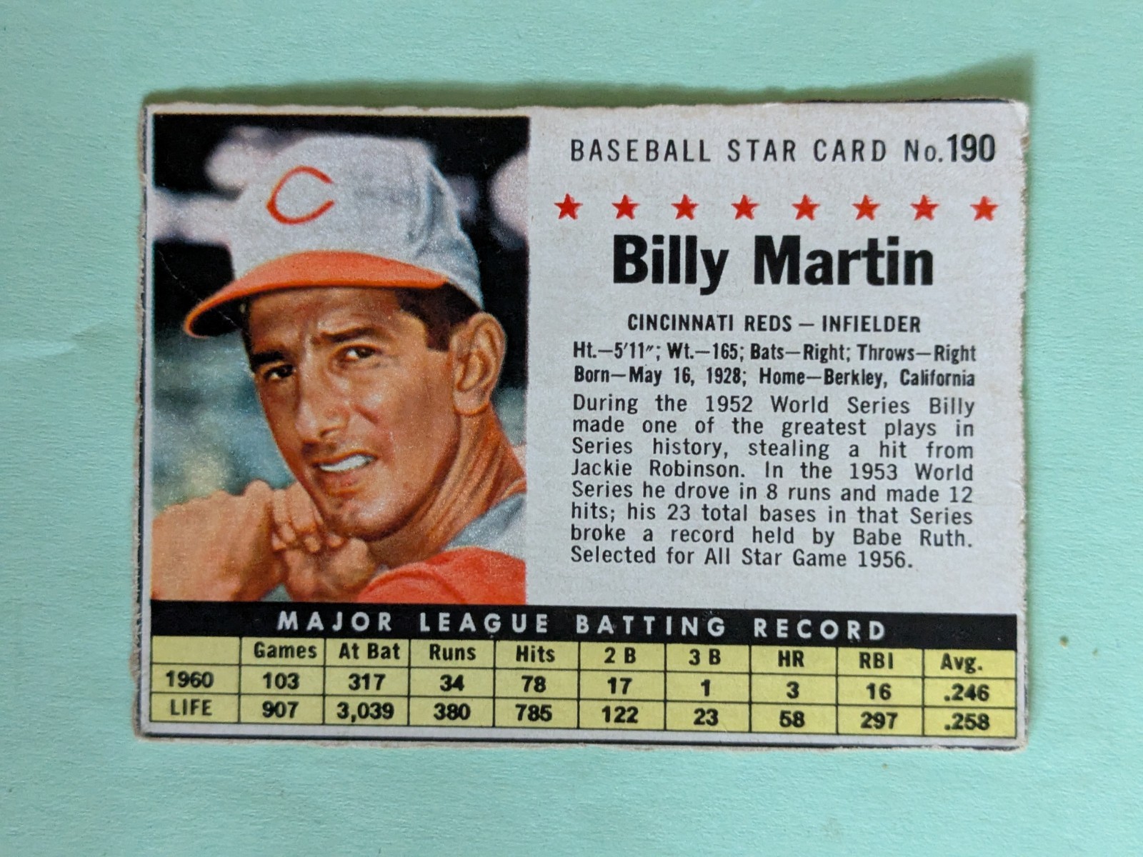 1961 Post Cereal Cards Misc.Star Players  # 30,148, #190 ROUGH CUT VG Condition 