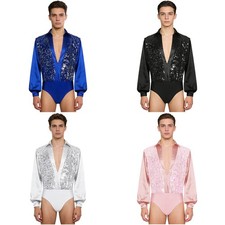 Men Leotard Dance Jumpsuit V Neck Bodysuit Satiny Long Sleeves Ballroom Stage