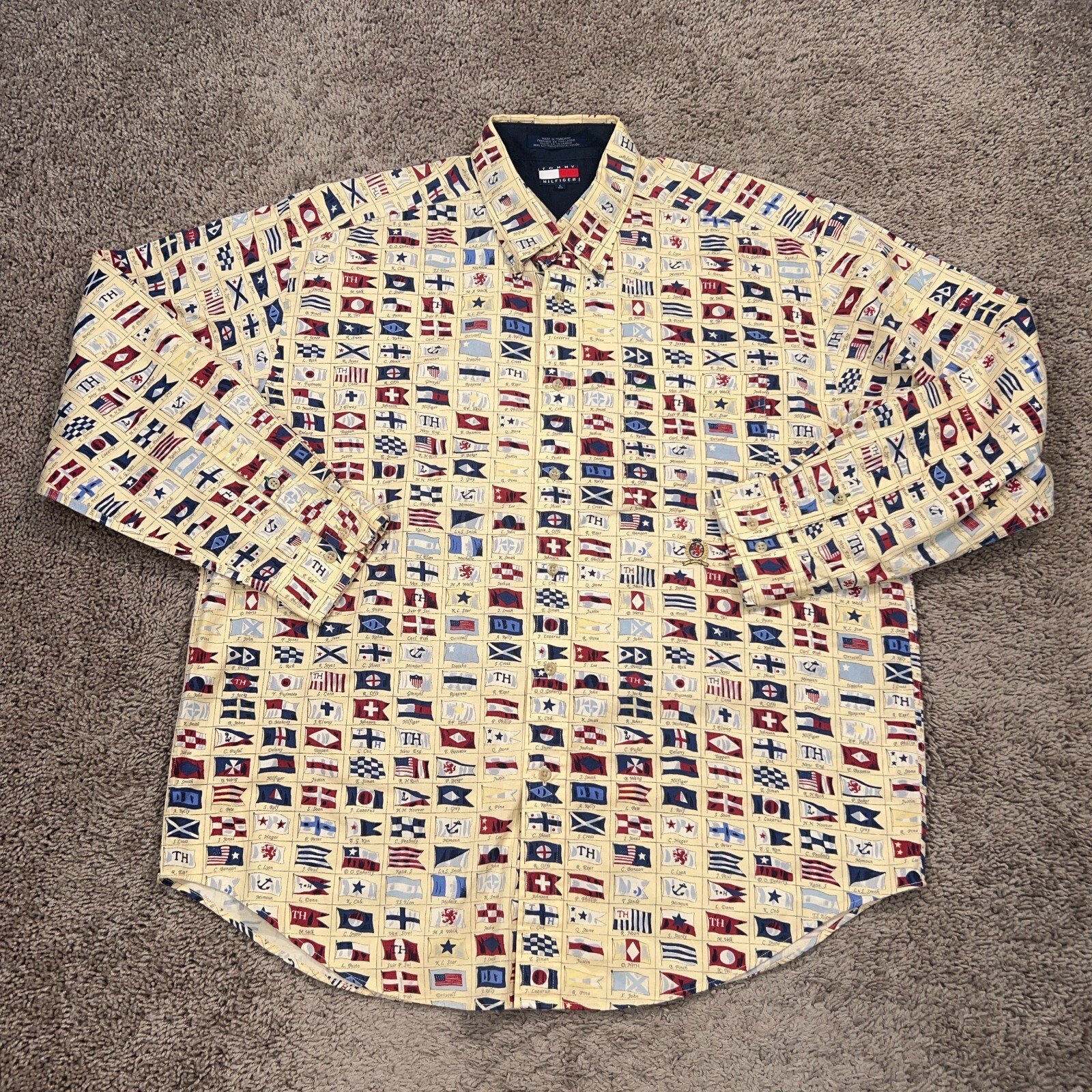 Vintage Tommy Hilfiger Shirt Mens Large Cream World Flags Anchor Countries 90s