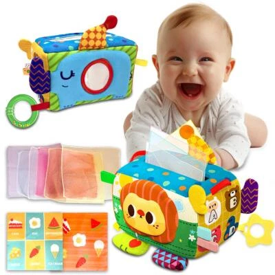 KOOLBITZ Multifunctional Sensory Baby Tissue Box Toy Crinkle Papers Colorful Silk Scarves