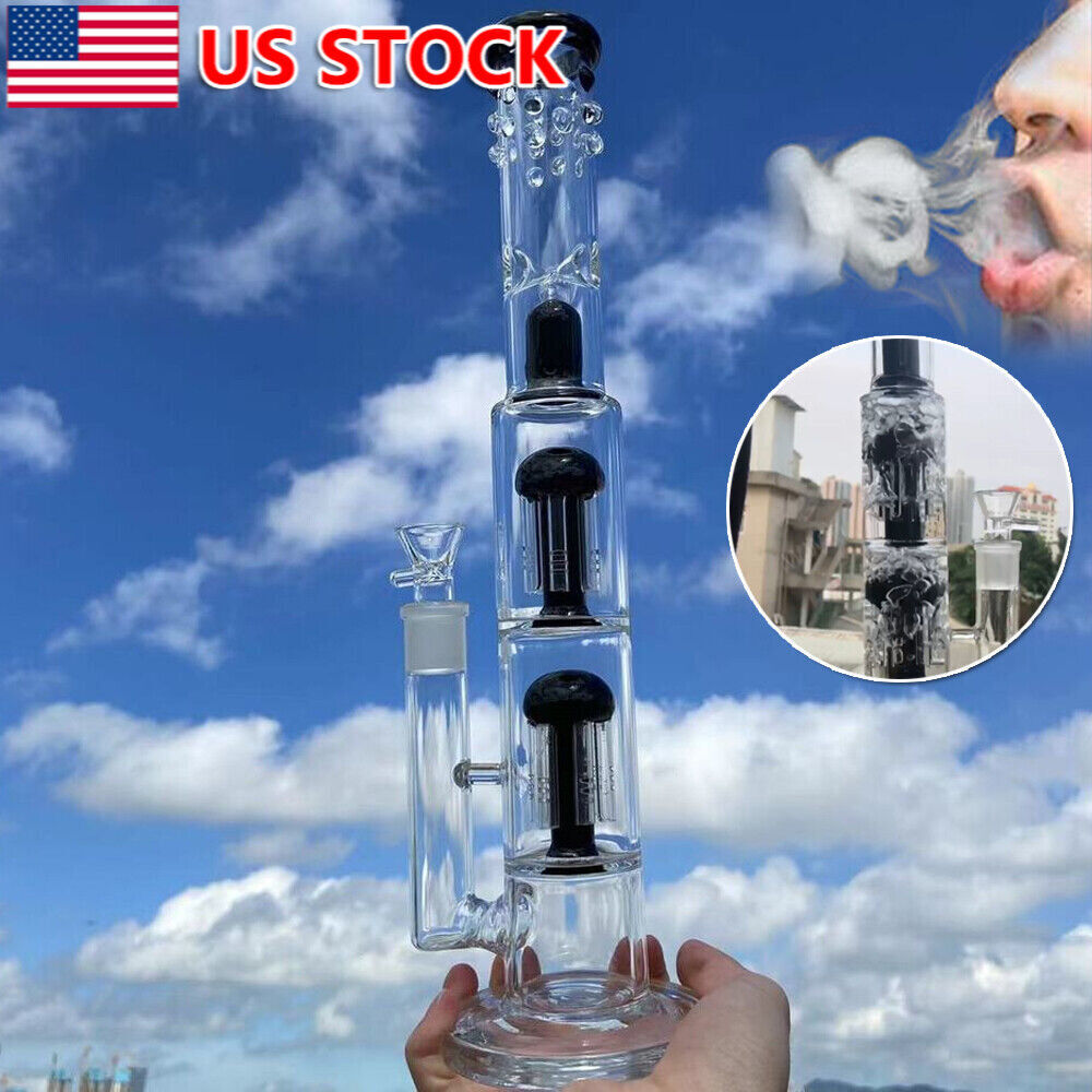16.5 Black Tube Glass Bong Double Percolator Recycler Smoking Bong Hookah Pipe. Available Now for 32.99