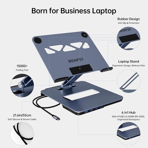 Laptop Stand with 6-in-1 USB-C Hub – 4K HDMI, 4 USB 3.0, 100W PD, Aluminum, NEW - Picture 4 of 8