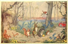 Medici Postcard Molly Brett Anthropomorphic Animals Catching the Bus PK272