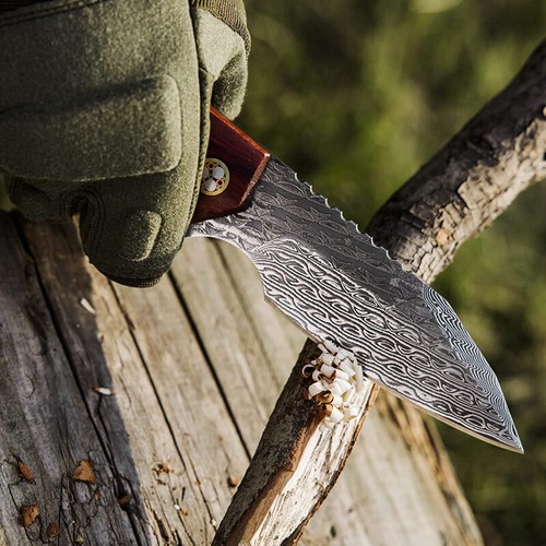 FLISSA Damascus Hunting Knife 8-1/2" Fixed Blade Knife Full-Tang Leather Sheath - Picture 7 of 8