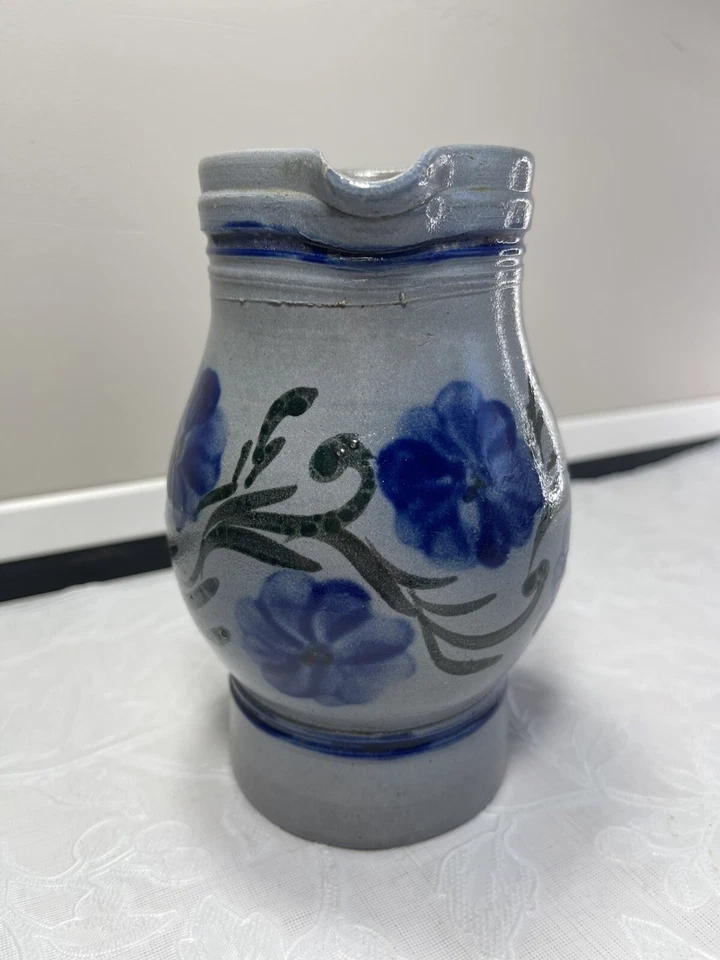 Pichet en Céramique Signé Betschdorf - Décor Floral Bleu en Grès D'Alsace - Photo 3/4