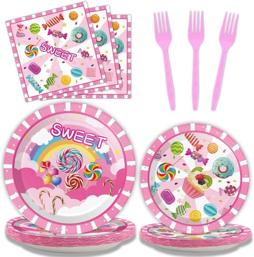 Set di forniture per feste Candyland 96 pezzi - piatti, tovaglioli e forchette per 24 ospiti - Foto 3 di 8