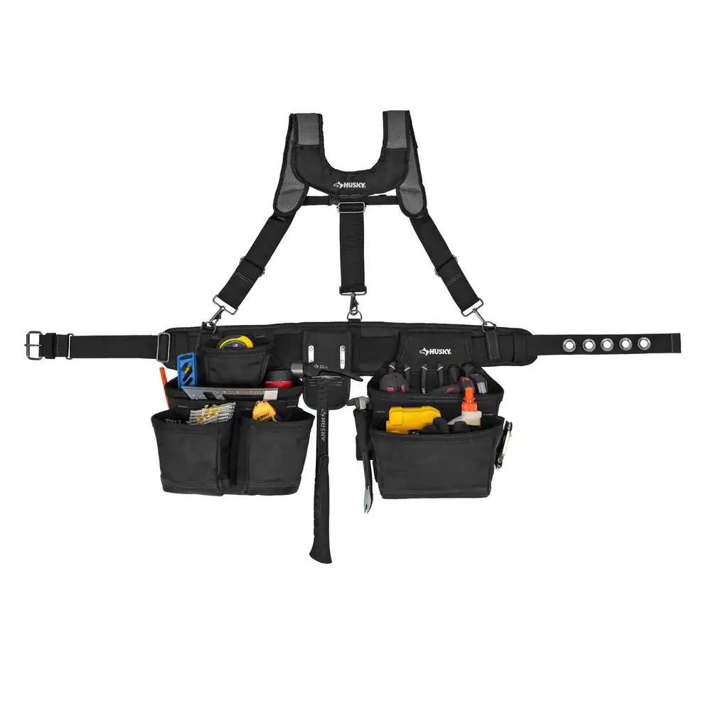 HUSKY 16-Pocket Black Carpenter'S Tool Belt with Suspenders