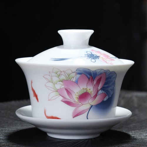 China Gaiwan Porcelain Handpainted Under Glaze Ceramic Tea Cup Bowl Saucer Lid - Picture 10 of 12