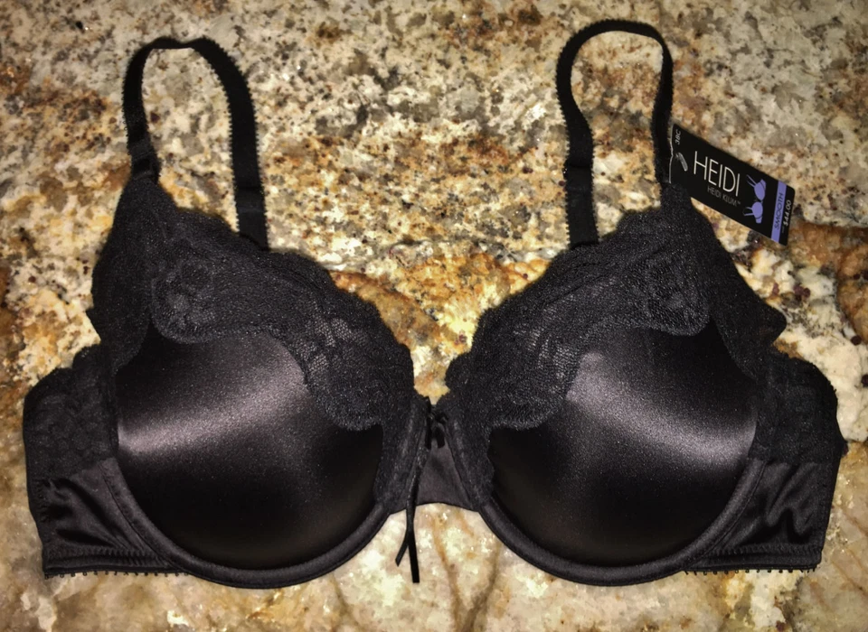 Sujetador con aros acolchado negro liso de encaje satinado HEIDI KLUM NUEVO para mujer 36B 38C Foto 3 de 4