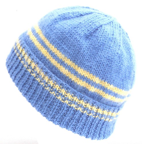 NEW One Of A Kind Hand Knitted Blue & Yellow Ladies Beanie Hat - Picture 2 of 10