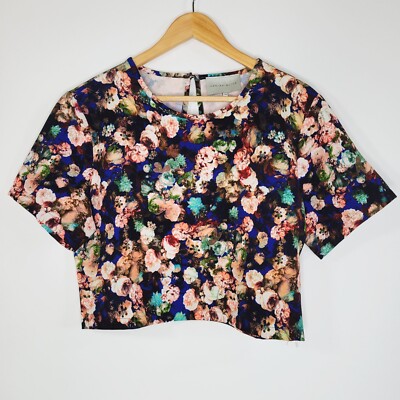 LAVISH ALICE Floral Crop Top Sz 12 Keyhole Stretch Short Sleeve Romantic Flowers