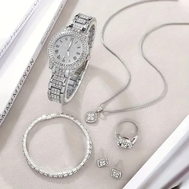6 PCS Luxury Rhinestone Quartz Watch Hip Hop Bracelet Necklace Earrings Ring Set