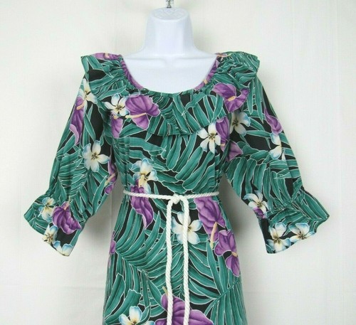 VTG 1970s 80s HILO HATTIE HAWAIIAN FLORAL MUUMUU DRESS MEDIUM COTTON ROPE BELT - Picture 2 of 12