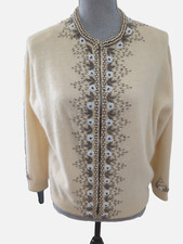 Vintage 50s Cream Hand Beaded Lamb  s Wool Angora Cardigan Sweater Small