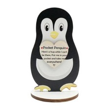 Cute Wooden Figurine Hug in Your Pocket Gift Engraved Heart for Pocket Penguin