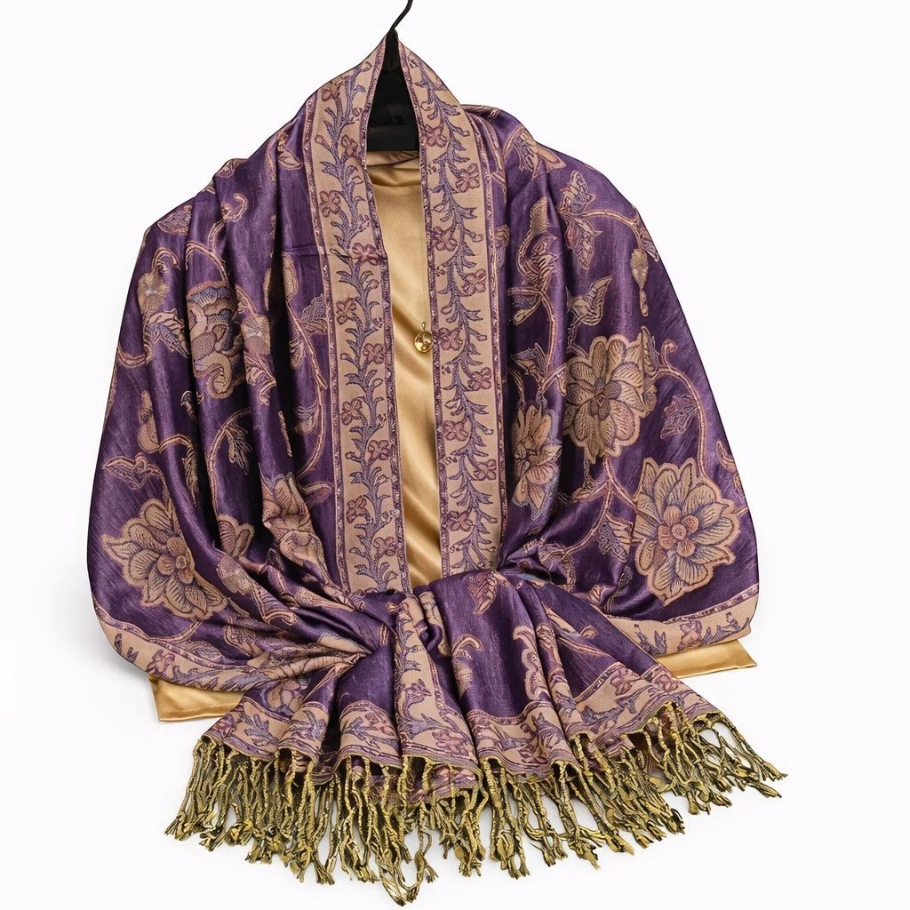 Purple Gold Paisley Jacquard Scarf Shawl Fringe Boho Wrap Women 72x28