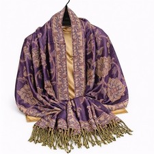 Purple Gold Paisley Jacquard Scarf Shawl Fringe Boho Wrap Women 72x28